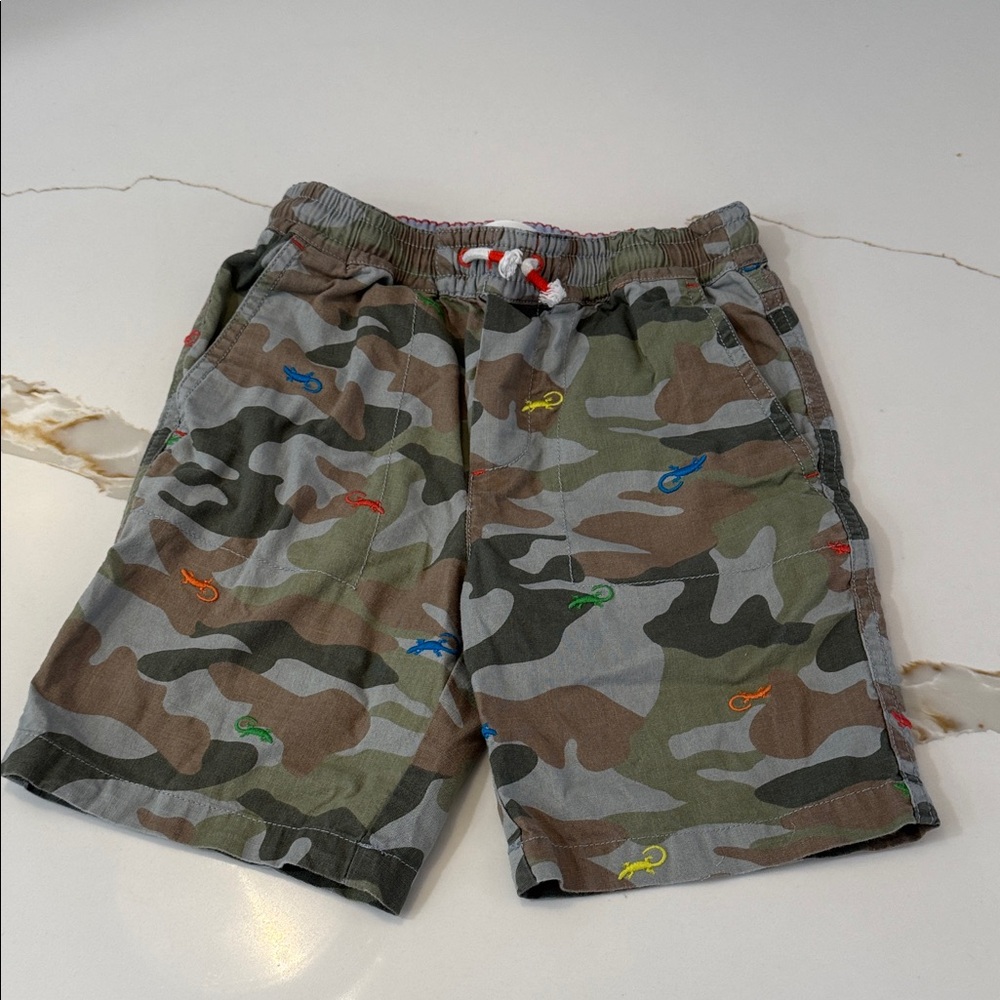 Mini Boden Boys' Camo Shorts with Embroidered Lizards